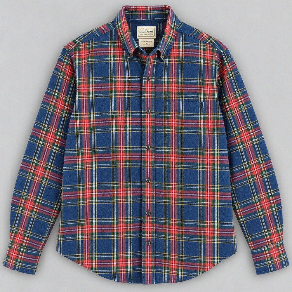 LL Bean Mens Flannel Shirt Medium Reg Slightly Fitted Blue Plaid 298167